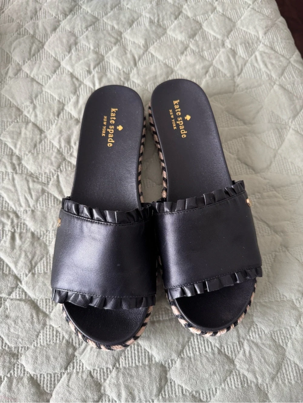 kate spade Black Ruffle Slide Sandals with Braided Espadrille Trim